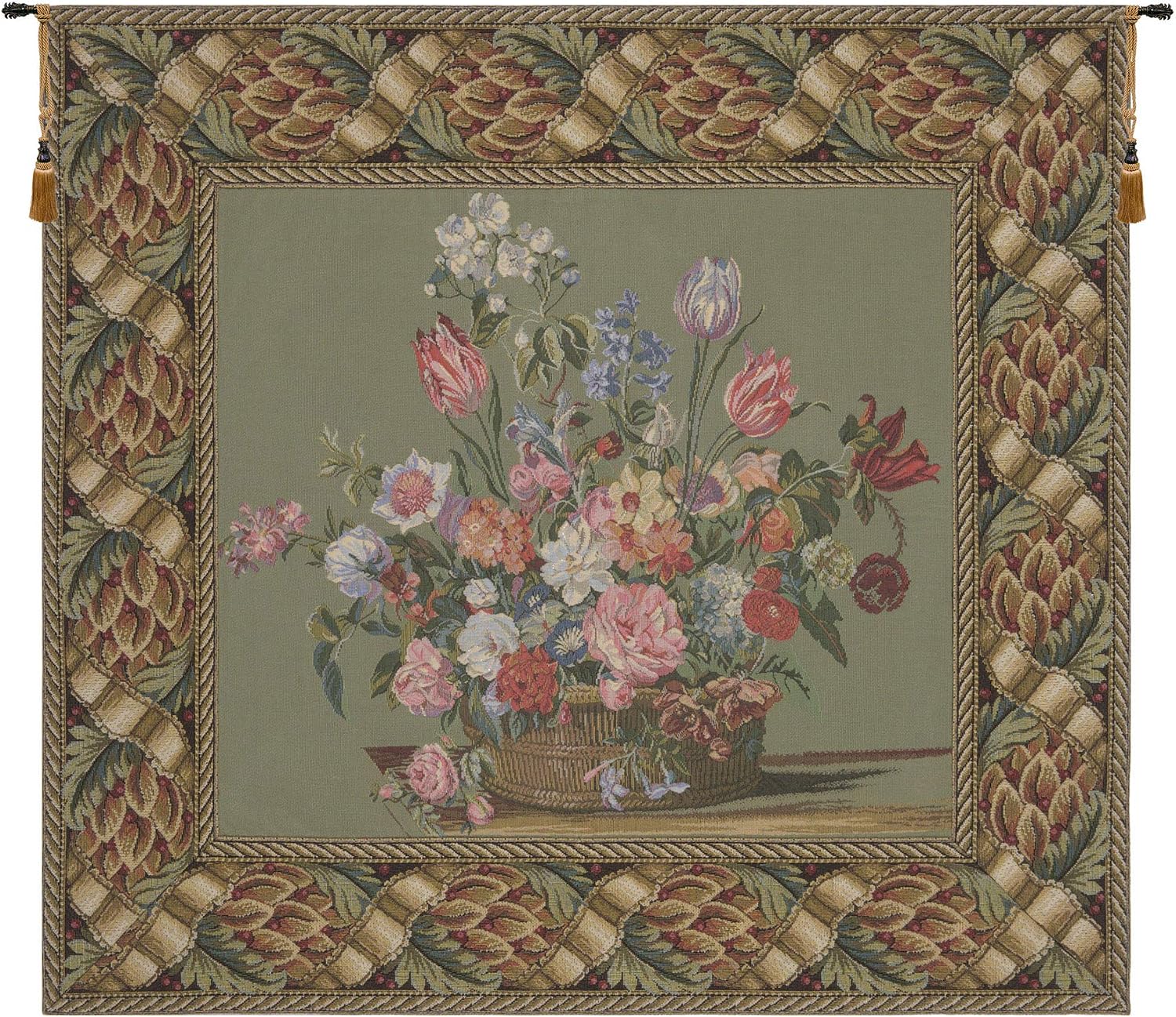 C Charlotte Home Furnishings Inc Flower Basket Green European Tapestry Wall Hanging | Viscose Cotton and Polyester Blend Wall Art | 32 in. x 34 in | Home Decor Accents | Inspired by Famous