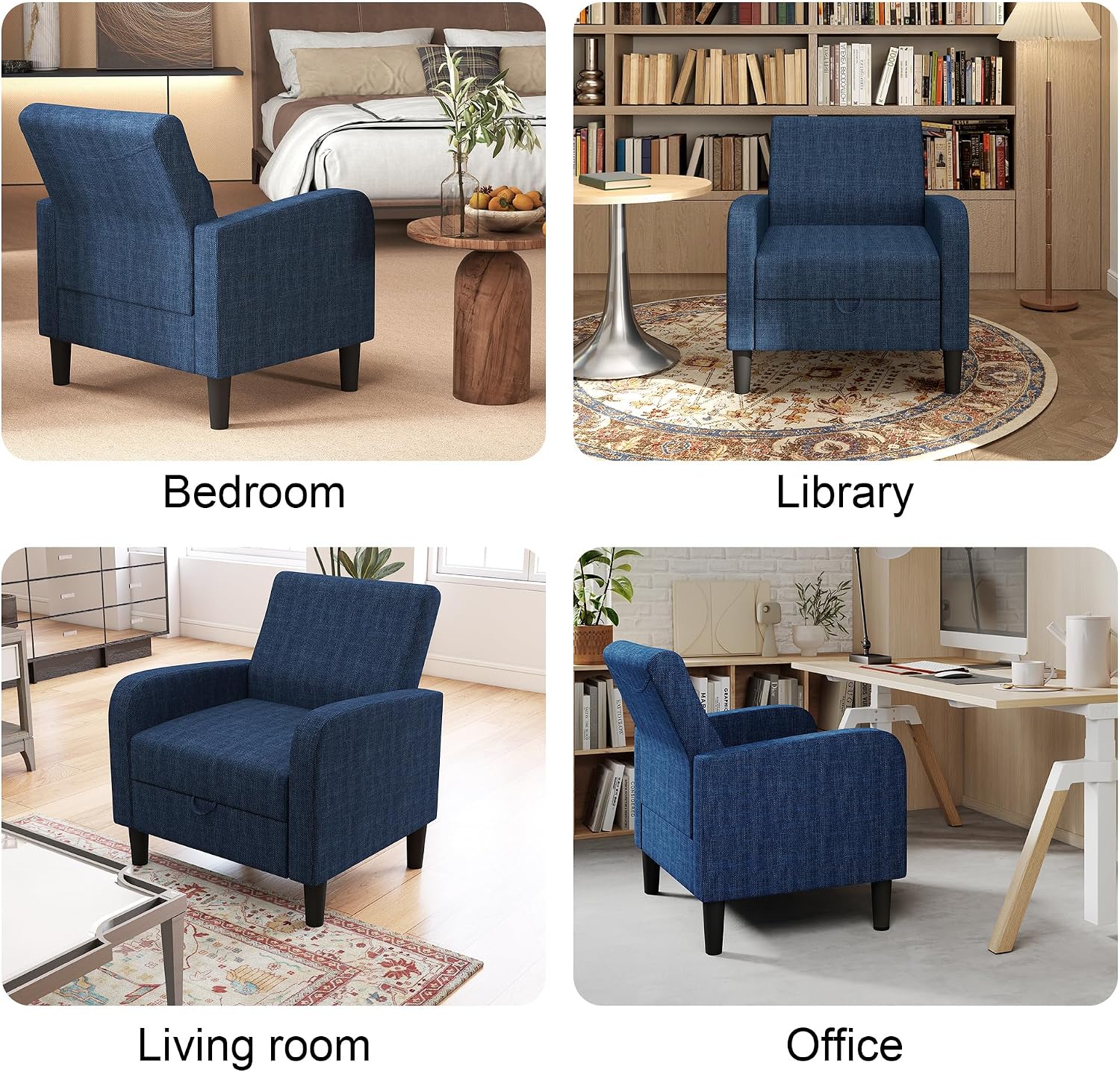 DAGONHIL Living Room Chair, Accent Chair Upholstered Reading Chair for Bedroom, Linen Fabric Armchair, Single Sofa for Living Room/Office/Library (Blue, 2 Pack)