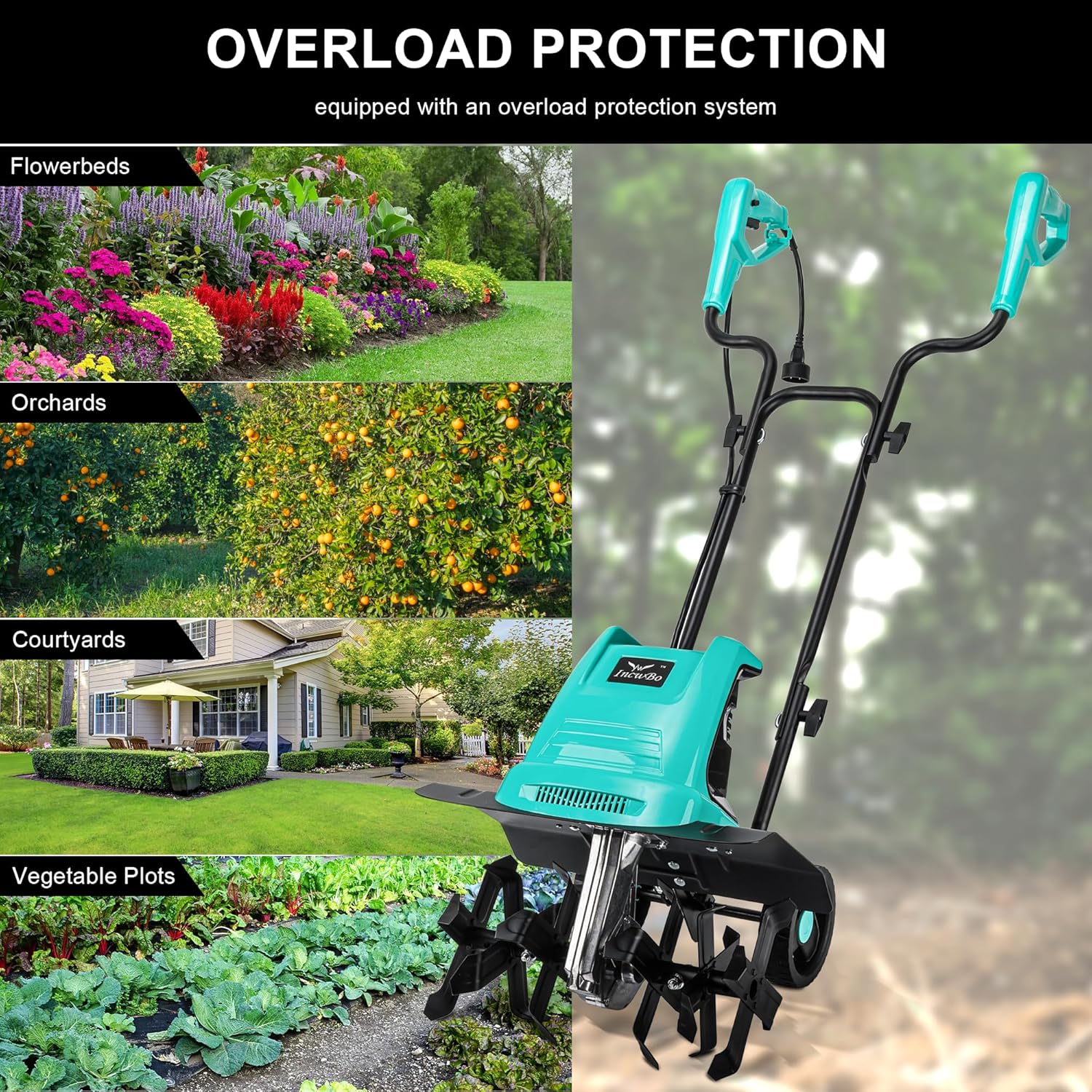 IncwBo Tiller Cultivator 17 inch 15 Amp 6 Steel Tines Tillers for Gardening Electric Rototiller for Garden Yard