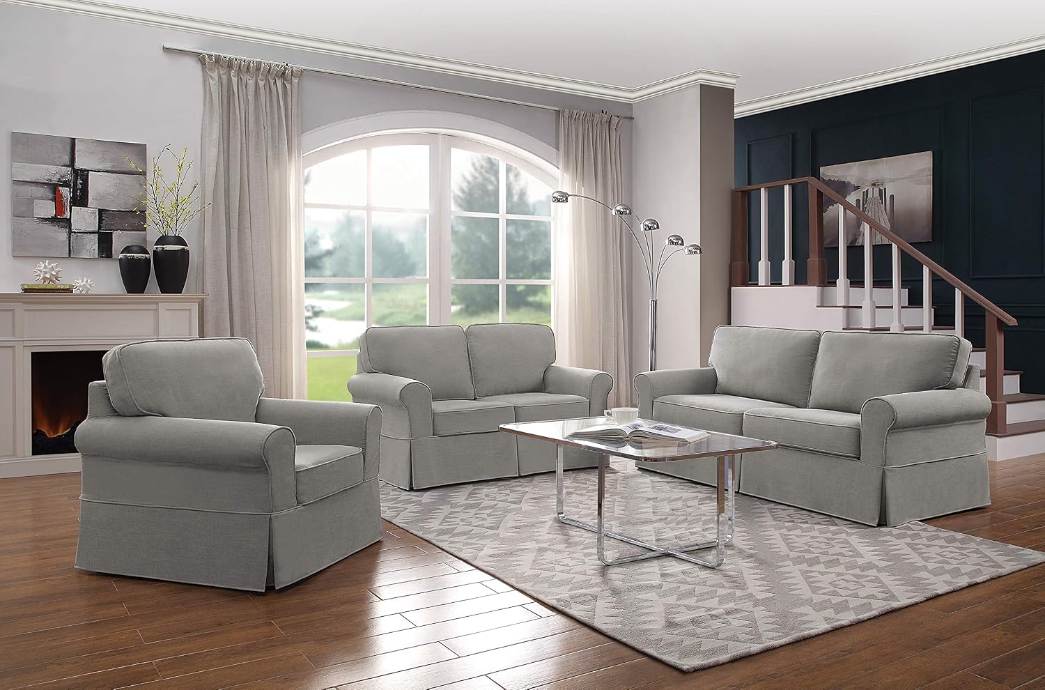 OSP Home Furnishings Ashton Rolled Arm Chair with Slipcover, Fog Grey