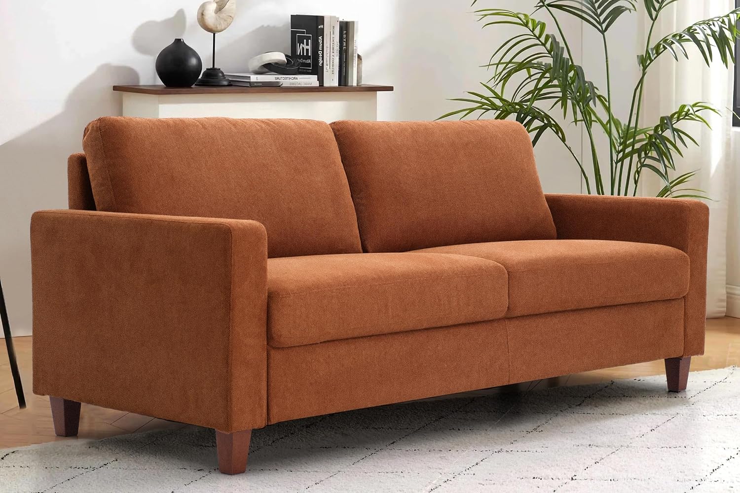 Container Furniture Direct Miles Mid Century Modern Couch for Small Spaces, Living Rooms, Apartments, and Condos, 3 Seater Sofa with Reversible Back Pillows, 77' Wide, Orange