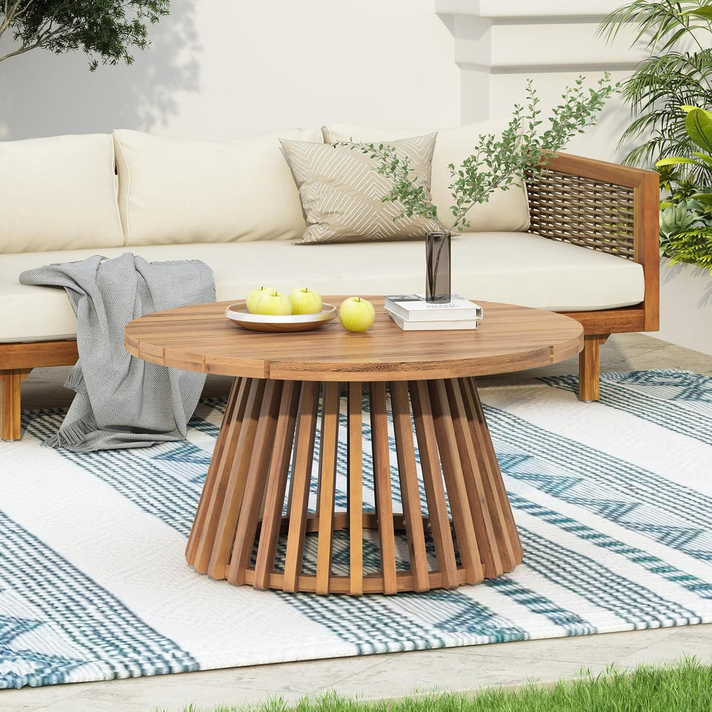Christopher Knight Home Hakee Acacia Wood Patio Coffee Table, Round Coffee Table with Unique Wooden Base, Stylish Indoor/Outdoor Table, Easy Assembly, 31.5' x 31.5' x 16', Light Teak