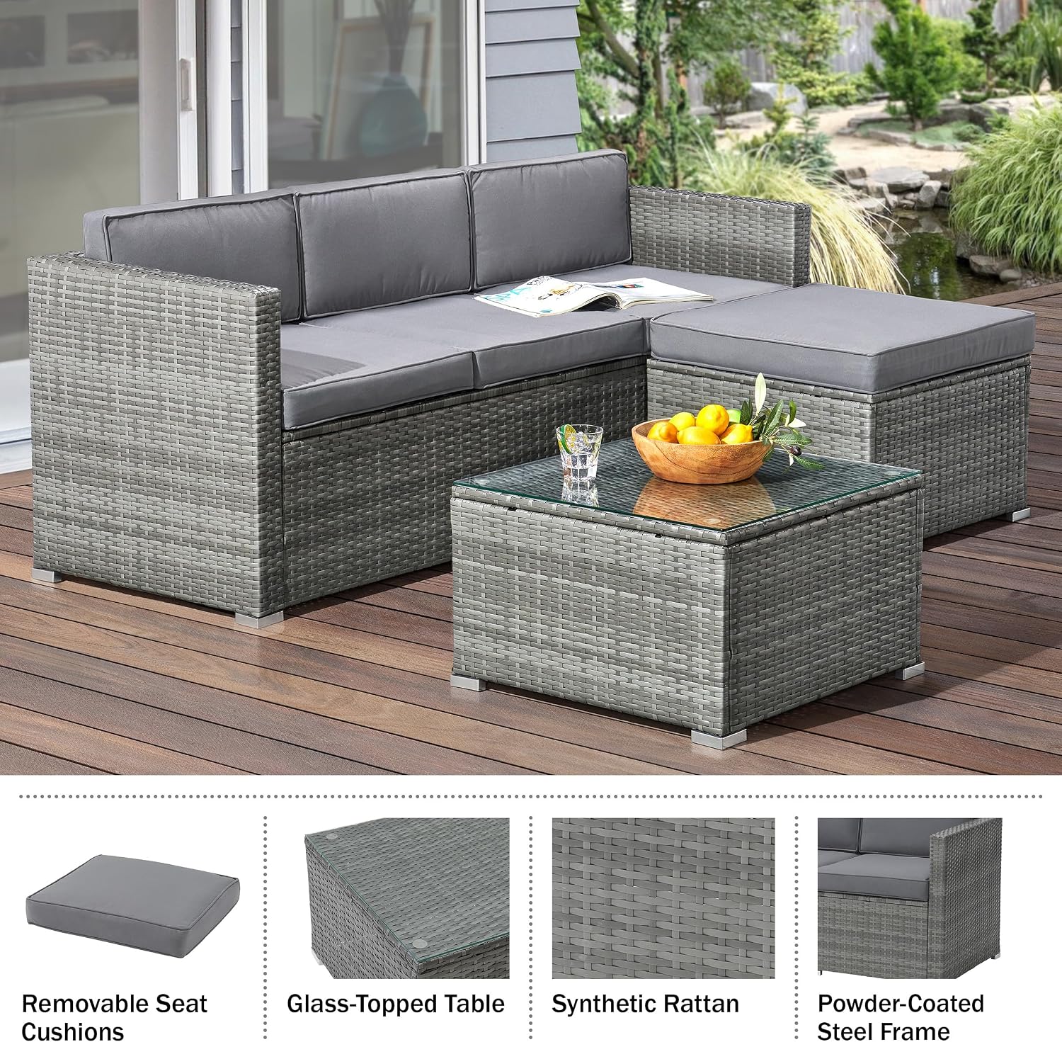 Patio Furniture Set - 3-Piece Rattan Outdoor Sectional, Ottoman, and Table Combo - Deck, Pool, Sunroom, or Backyard Furniture by Lavish Home (Gray)