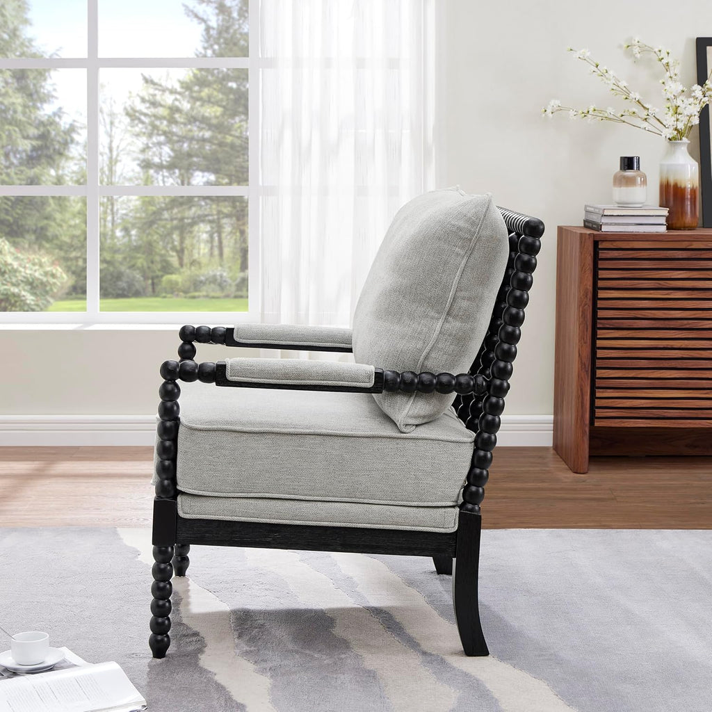 Roundhill Furniture Belvoir Upholstered Spool Accent Chair with Turned Wood Frame, Gray with Black Finish
