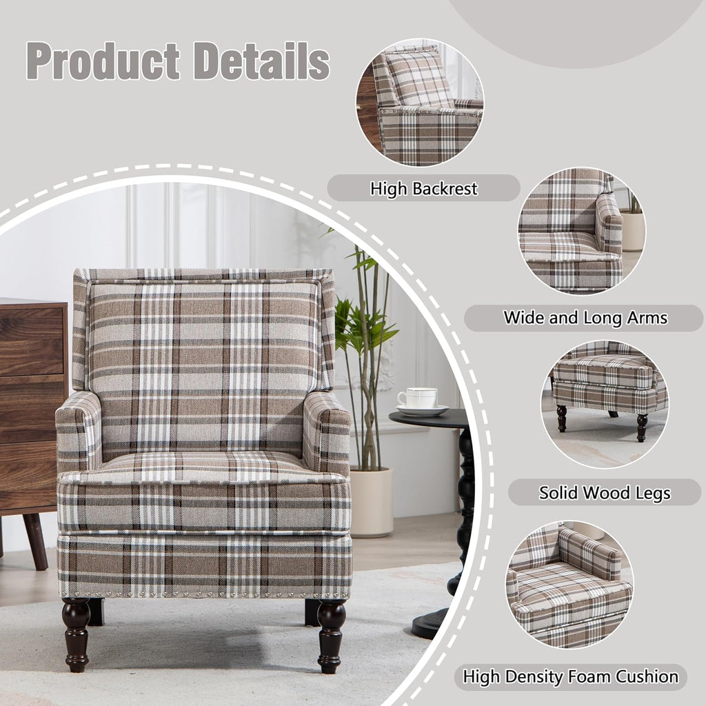 Accent Chair, Plaid Gingham Cozy Comfy Modern Comfy Mid-Century Accent Chairs, Upholstered Lounge Arm Chair with Solid Wood Frame for Living Room/Bedroom-Brown Plaid