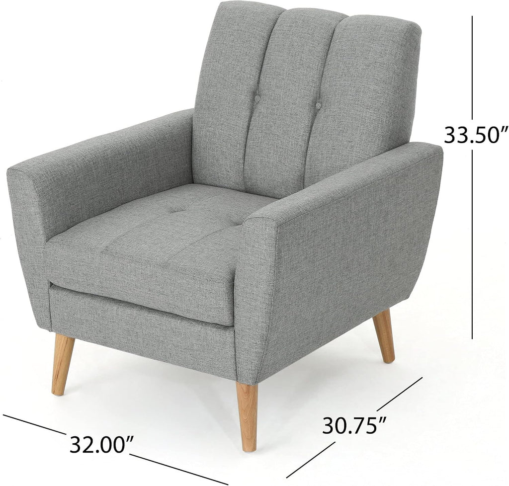 Christopher Knight Home Azjzi Mid-Century Club Chair, Button Tufted Back Upholstered Fabric Accent Chair with Rubberwood Legs, Living Room Armchair, 33.5' High, Gray