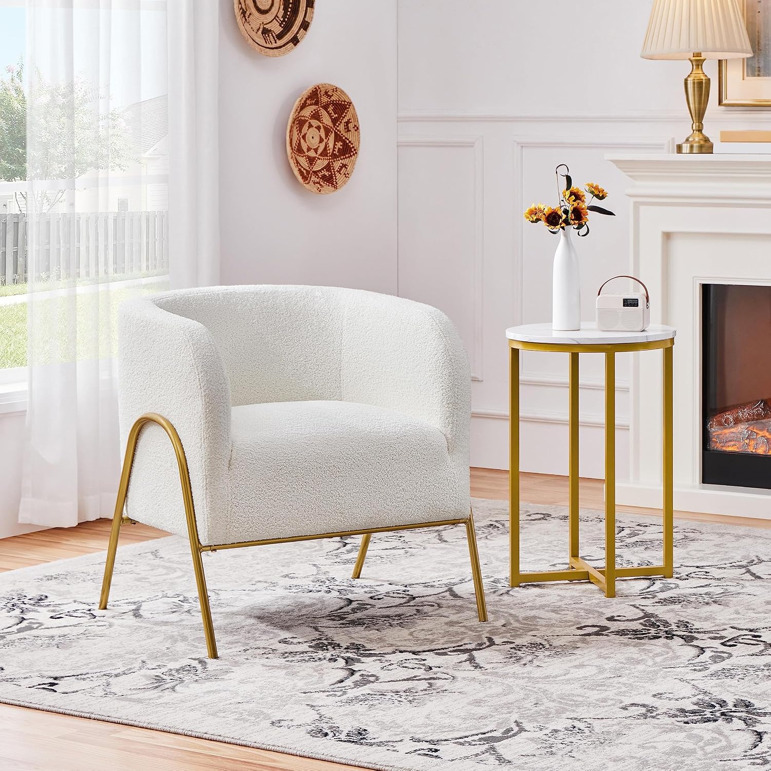Yaheetech Accent Chair, Modern Barrel Chair, Boucle Fabric Vanity Chair with Golden Legs, Cozy Fuzzy Armchair for Living Room Makeup Room Bedroom Reading Nook Ivory