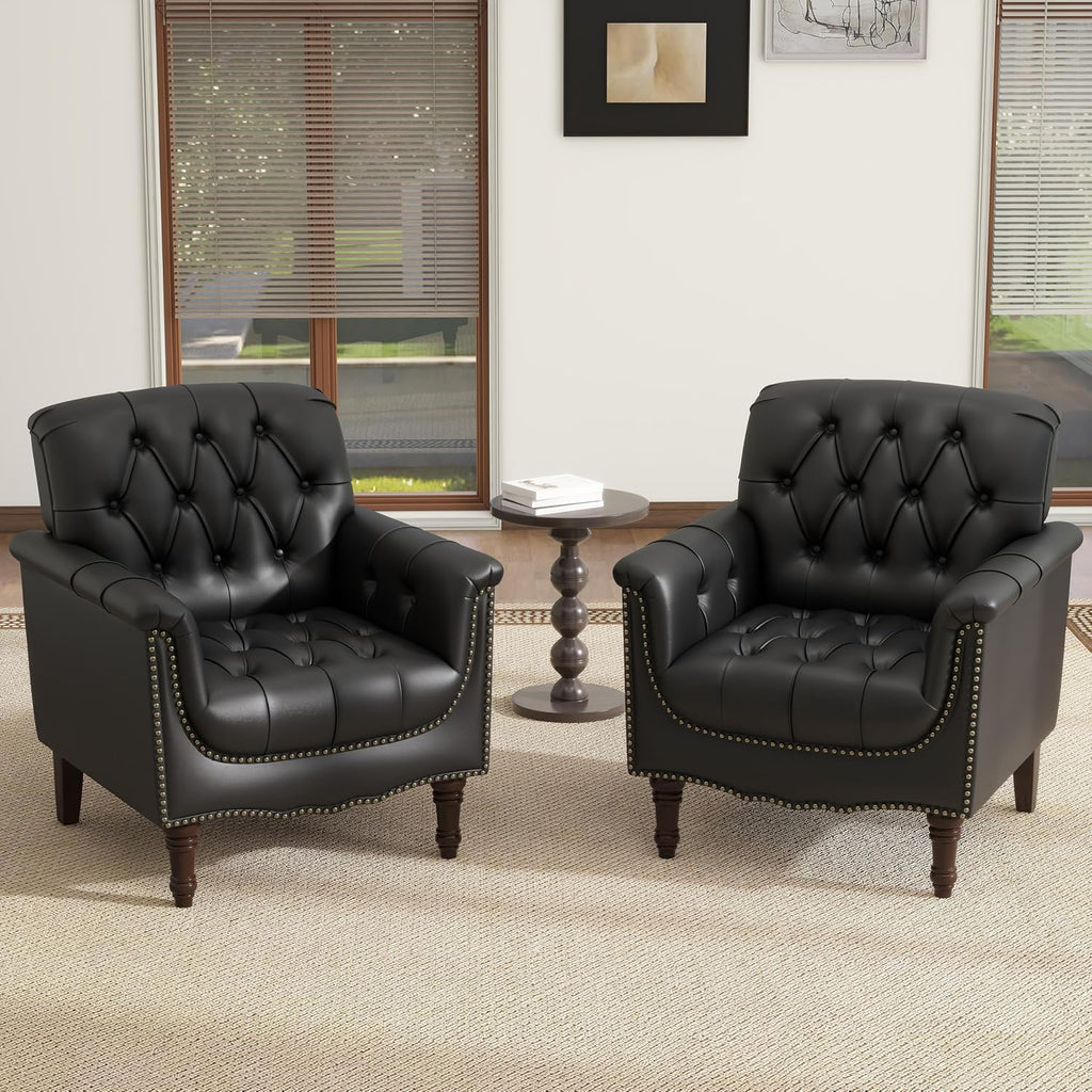 Lumibee Faux Leather Armchairs, Contemporary Accent Chairs Set of 2 with Nailhead Trims & Wood Legs for Living Room, Upholstered Comfy Arm Chairs for Office,Bedroom-Black