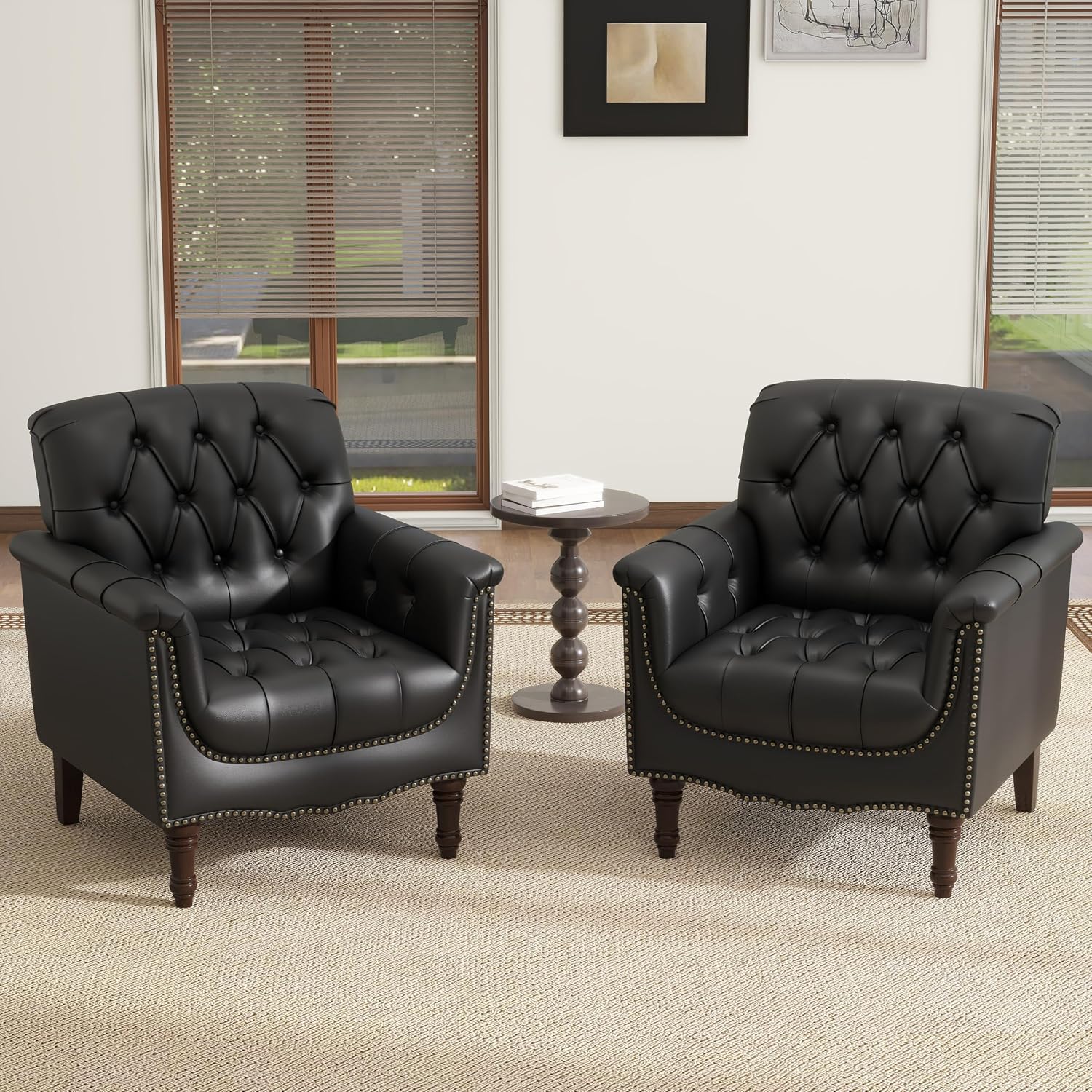 Lumibee Faux Leather Armchairs, Contemporary Accent Chairs Set of 2 with Nailhead Trims & Wood Legs for Living Room, Upholstered Comfy Arm Chairs for Office,Bedroom-Black