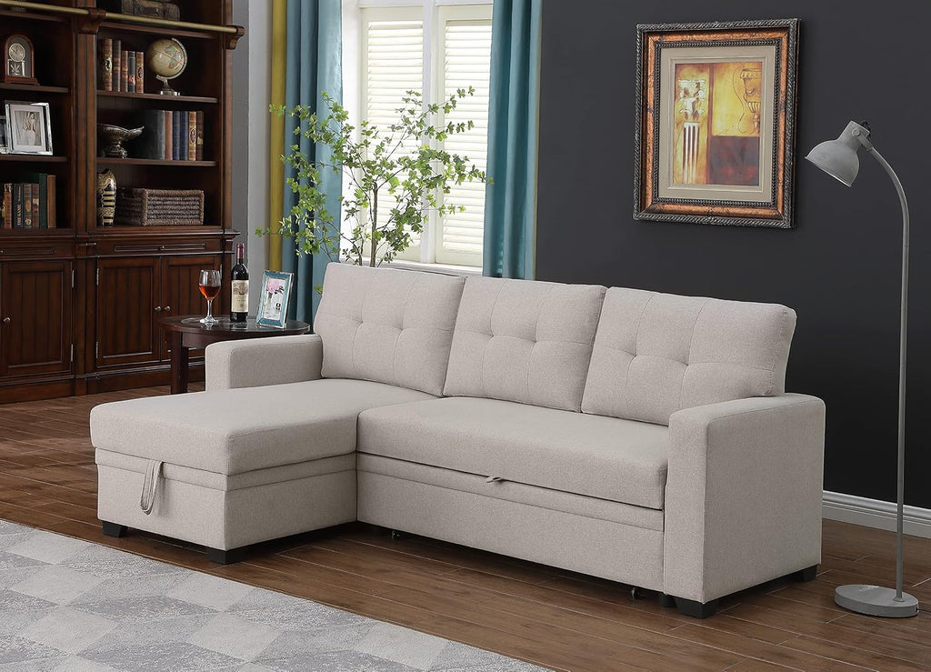 Favfurish 82' L-Shape Reversible Sleeper Sectional Sofa with Pull Out Bed and Storage Chaise,Linen Tufted Upholstery Corner Couch for Living Room, Apartment,Office,Home Furniture Sets,Beige