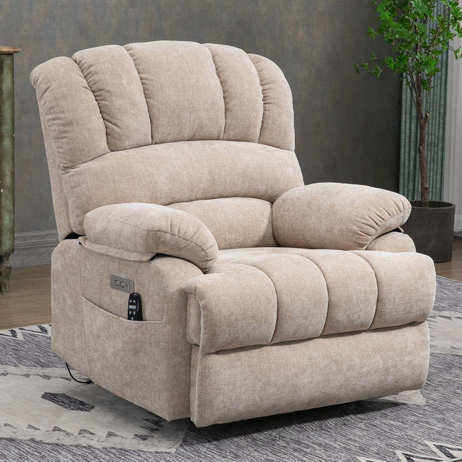 Power Recliner with Vibration Massage & Lumbar Heat, Electric Lift Chairs for Elderly, High Back Reclining Max 155 Degree with Charging Ports, Chenille Fabric Beige