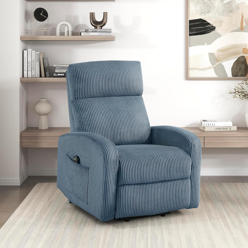 Lexicon Power Lift Recliner Chair for Elderly with Remote Control, Gentle Lift Motion, Side Pocket Armrest, Corduroy Upholstered Electric Recliner for Living Room/Bedroom, Easy Assembly, Midnight Blue
