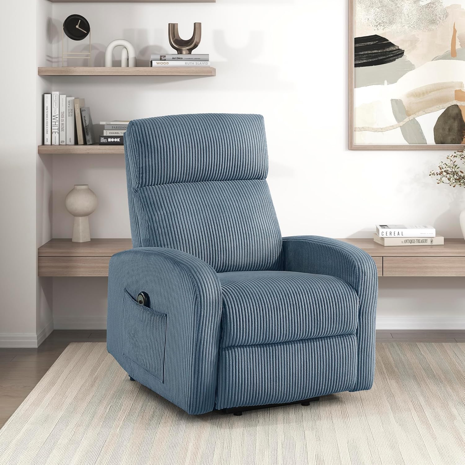 Lexicon Power Lift Recliner Chair for Elderly with Remote Control, Gentle Lift Motion, Side Pocket Armrest, Corduroy Upholstered Electric Recliner for Living Room/Bedroom, Easy Assembly, Midnight Blue