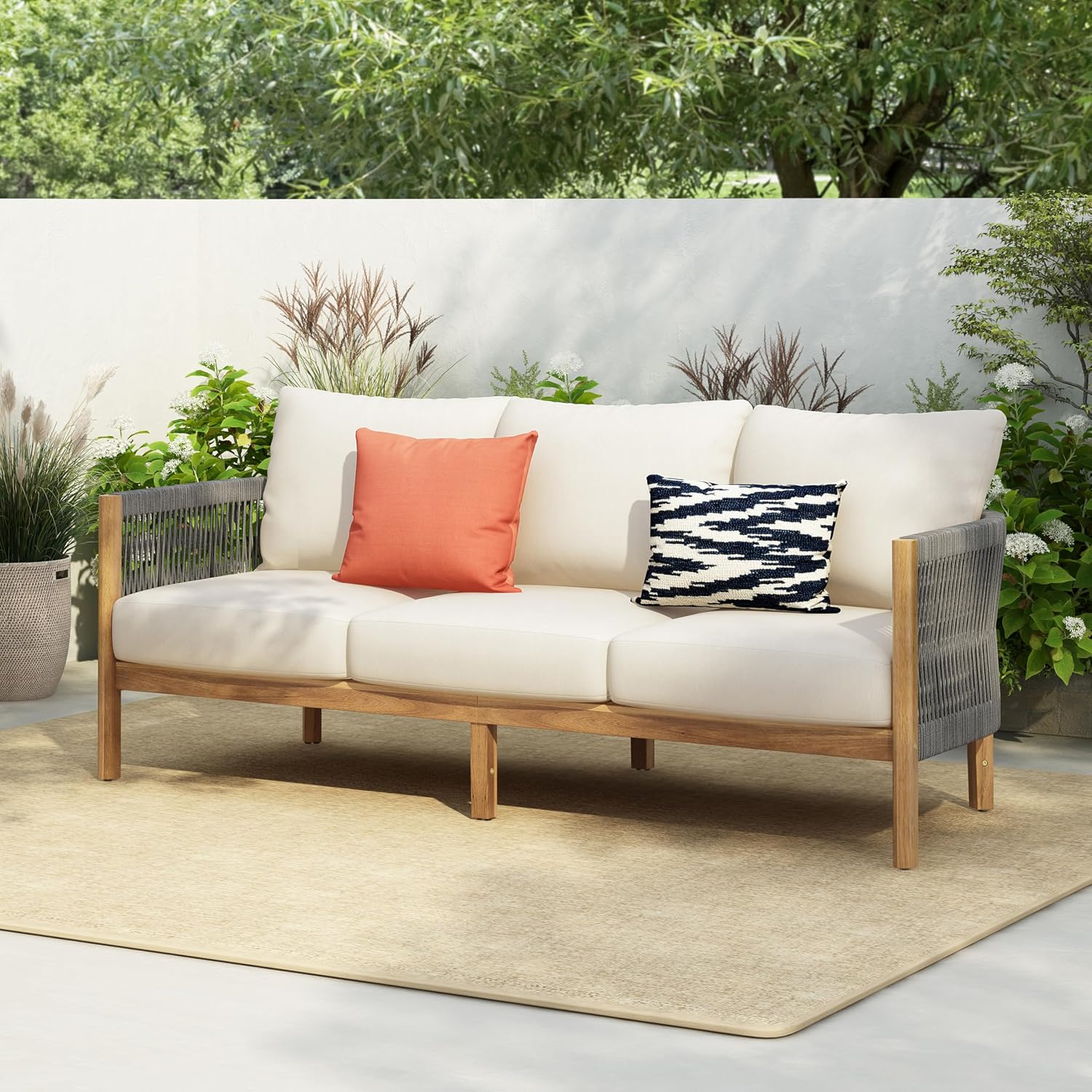 Christopher Knight Home Havets 77'W Outdoor 3 Seater Sofa, 6' Thick Cushion Couch, Acacia Wood Bench Sofa, Comfy Woven Rope Armchair, Spacious Seating Bench Couch for Backyard Garden Porch, Gray+Beige