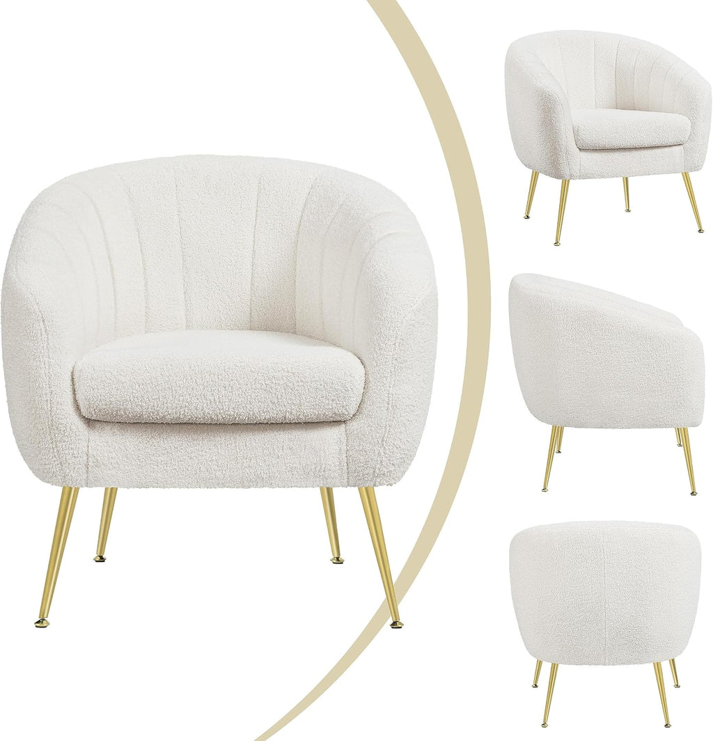 Yaheetech Sherpa Fabric Accent Chair, Modern Cozy Vanity Chair with Gold Metal Legs, Boucle Fabric Armchair with Removable Seat Cushion for Living Room Bedroom Office Guest Room, Ivory