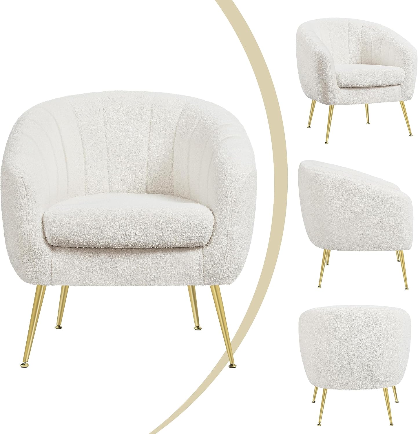 Yaheetech Sherpa Fabric Accent Chair, Modern Cozy Vanity Chair with Gold Metal Legs, Boucle Fabric Armchair with Removable Seat Cushion for Living Room Bedroom Office Guest Room, Ivory