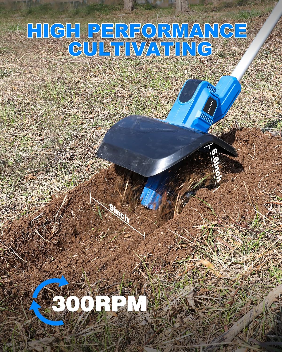 LUXTER Cordless Tiller Cultivator, 300RPM Electric Garden Tiller with 2×4.0Ah Batteries & Fast Charger, Brushless Motor, 9' Tilling Width 6.6' Depth Rototiller for Gardening Soil Cultivation