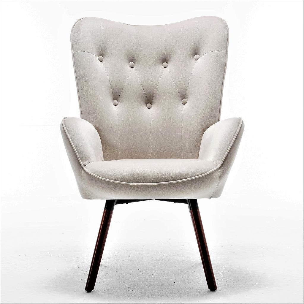 Container Furniture Direct Chic Accent Arm Chairs for Living Room, Bedroom, or Home Office, Button-Tufted Midcentury Armchair with Wingback Design and Splayed Legs, Ivory