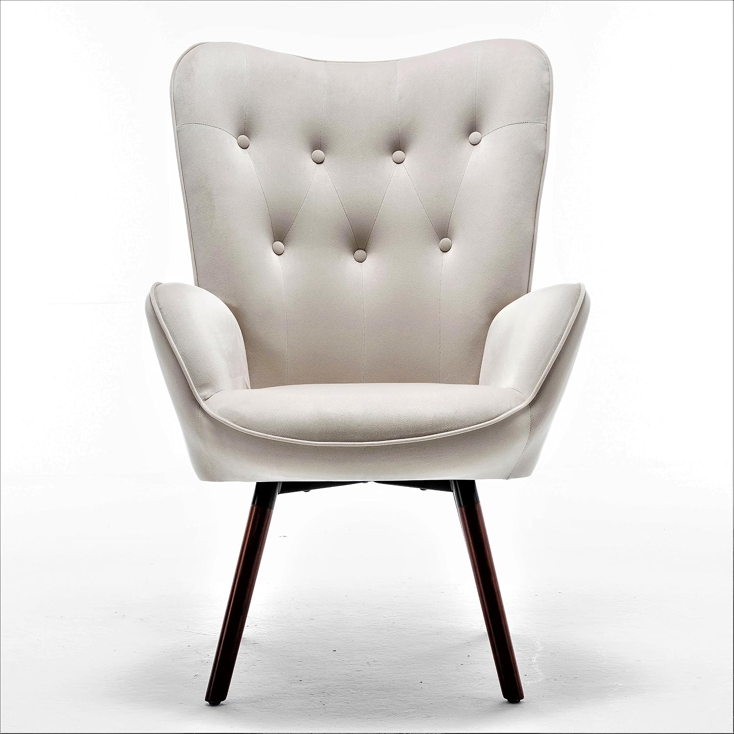Container Furniture Direct Chic Accent Arm Chairs for Living Room, Bedroom, or Home Office, Button-Tufted Midcentury Armchair with Wingback Design and Splayed Legs, Ivory