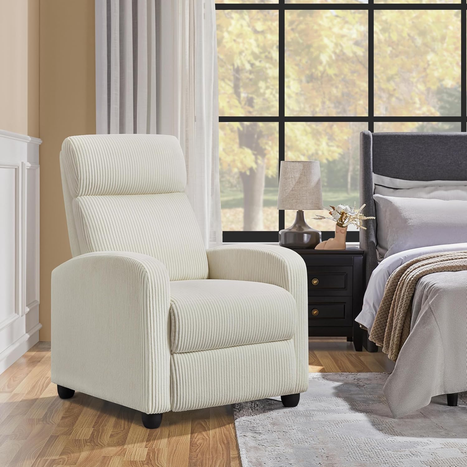 Topeakmart Corduroy Recliner Sofa Mid-Century Recliner Chair Single Reclining Chair Upholstered Sofa for Living Room Bedroom Home Theater Beige