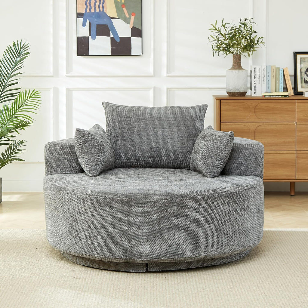 KEIKI 55' Oversized Swivel Accent Chair, Chenille Barrel Chairs Upholstered Round Swivel Chair, Single Sofa Armchair, Sleeper Chair for Living Room, Lounge, Grey