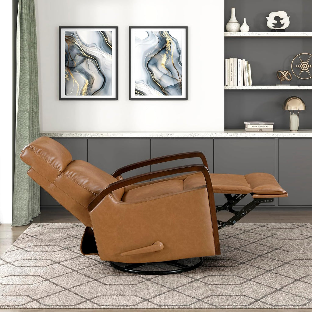 Lexicon 360 Degree Swivel Glider Reclining Chair, Breathable Faux Leather Manual Recliner, Comfy Nursery Glider Recliner, Wood Arms, Pull Handle for Living Room/Office/Bedroom/Apartment, Camel Brown