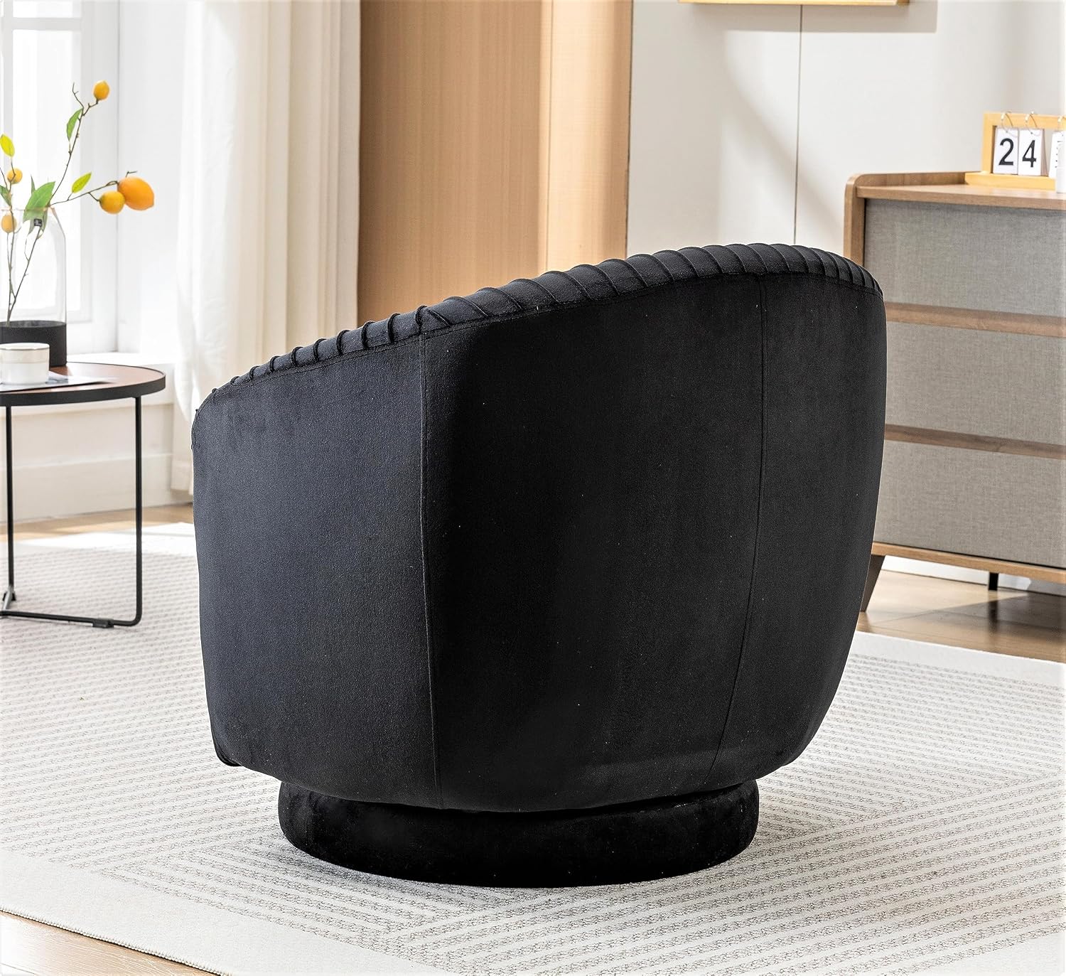 Container Furniture Direct Modern Barrel Swivel Chair with Plush Velvet Upholstery and Smooth 360° Rotation, Round Accent One-Seater Sofa for Living Room, Bedroom, and Office, Black
