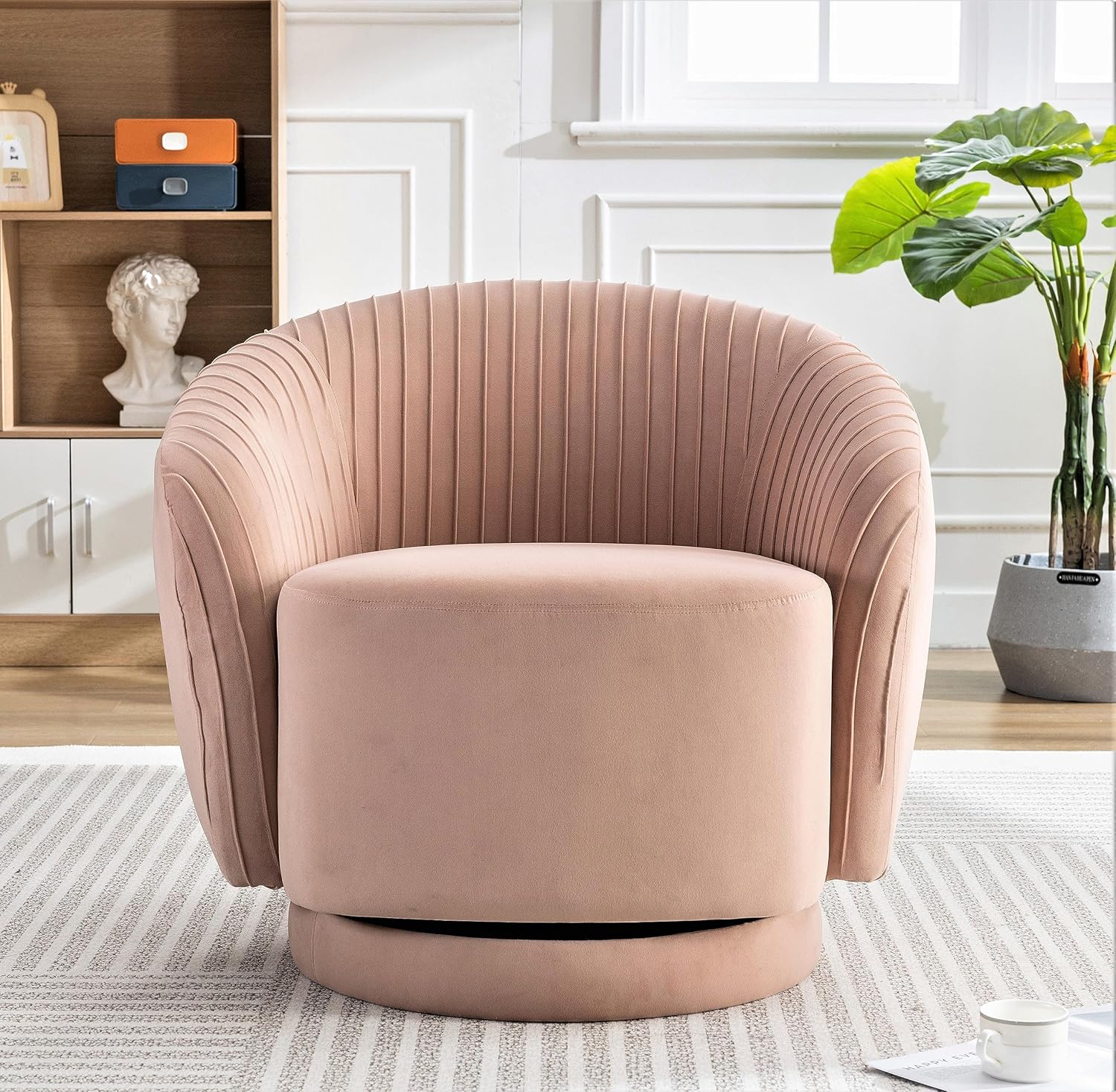 Container Furniture Direct Modern Barrel Swivel Chair with Plush Velvet Upholstery and Smooth 360° Rotation, Round Accent One-Seater Sofa for Living Room, Bedroom, and Office, Pink