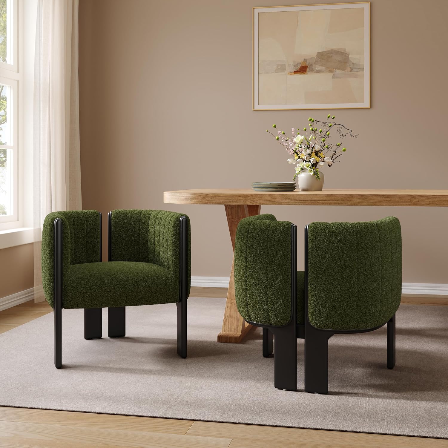 Christopher Knight Home Yusi Boucle Upholstered Dining Chairs Set of 2, Modern Wooden Dining Armchair, Curved Backrest Kitchen Side Chair, Living Room Accent Chair for Extra Seat, Black + Olive Green