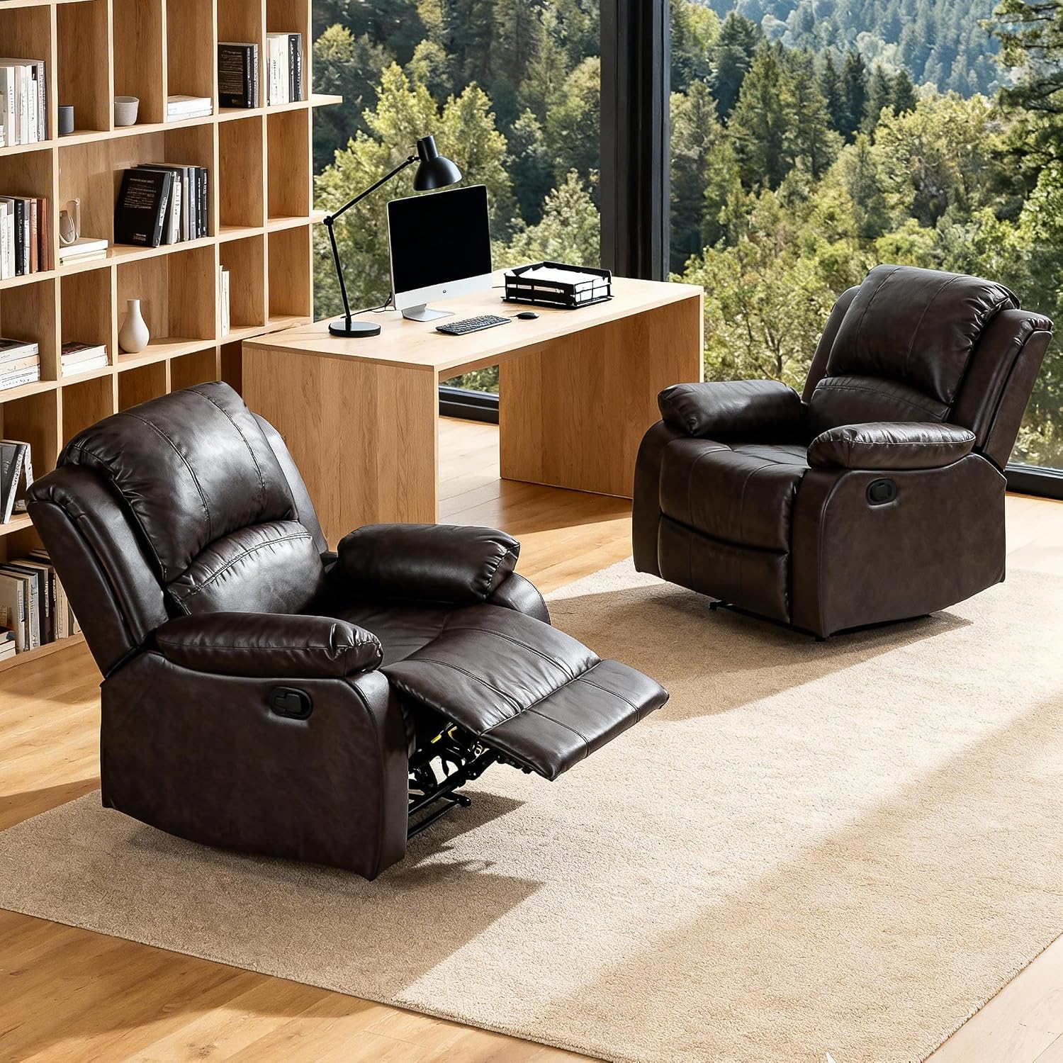 Manual Recliner Chair, Adjustable Push Back Leather Reclining for Living Room, Reddish Brown