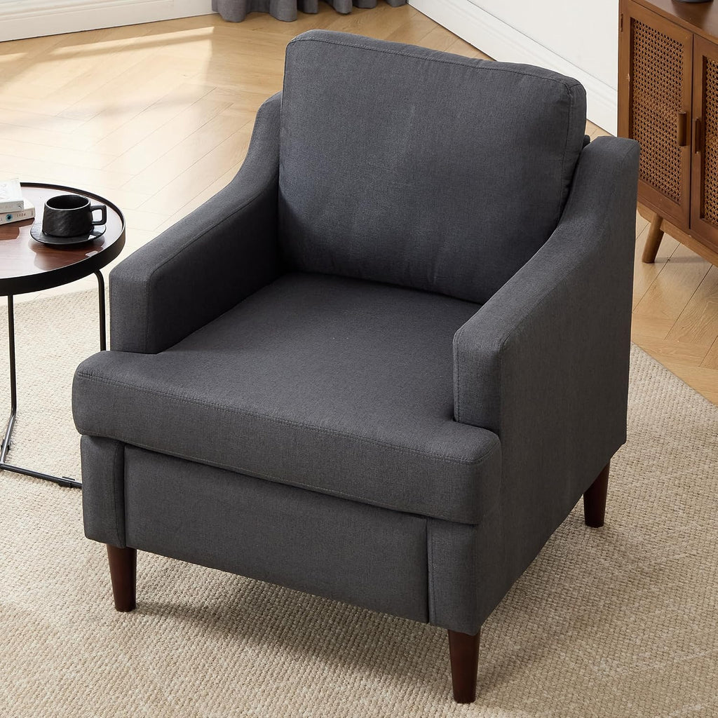 Ketaiyou Mid-Century Accent Chair Modern Linen Fabric Armchair for Living Room,Comfy Upholstered Reading Chairs for Bedroom,Single Sofa Chair with Wood Legs (Darkgrey, Set of 1)