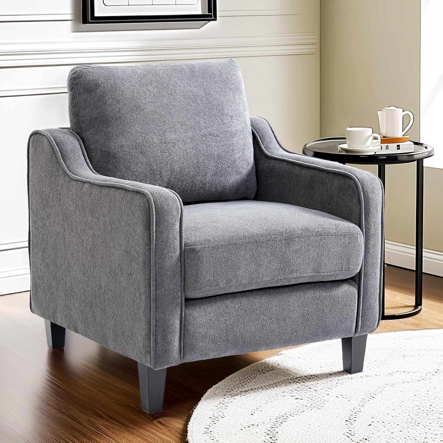 FLEXISPOT AC2 Accent Chair for Living Room, Mid Century Modern Reading Chair for Bedroom, Upholstered Armchair Comfy Single Sofa Side Chair for Office, Apartment, Small Room, Grey