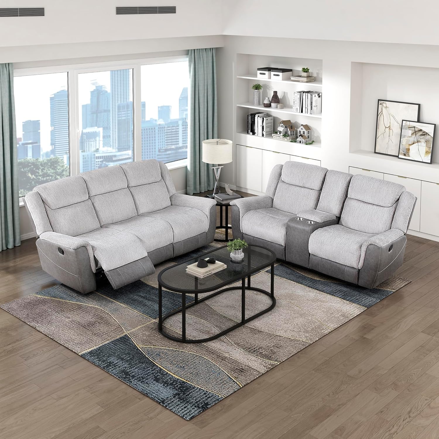 Lexicon Recliner Living Room Set, Two-Tone Chenille Upholstery Recliner Couch, Home Theater Seating, Wall Hugger Manual Reclining Sofa, Including Dual Reclining Couch & Loveseat, 2-Piece Set, Grey