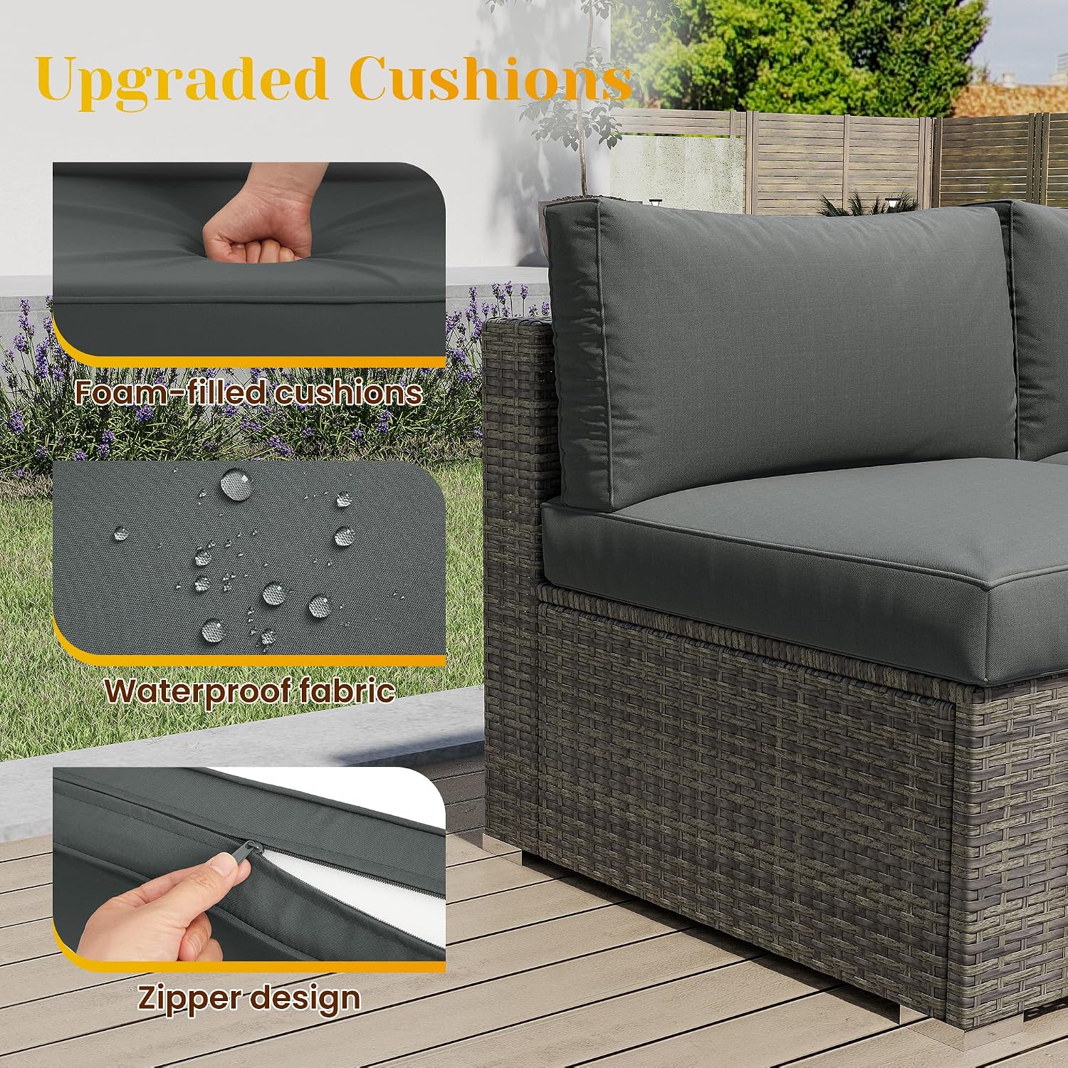 May in Color 5 Piece Outdoor Patio Sectional Furniture Set, Weather Resistant Rattan Outside Couch, Waterproof Conversation Sofa for Balcony, Porch, Backyard, Deck, Garden, Grey