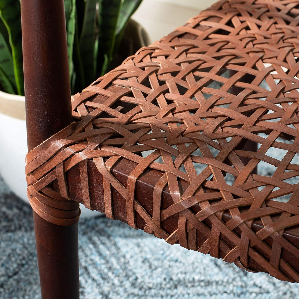 Safavieh Home Juneau Walnut and Brown Leather Woven Accent Chair
