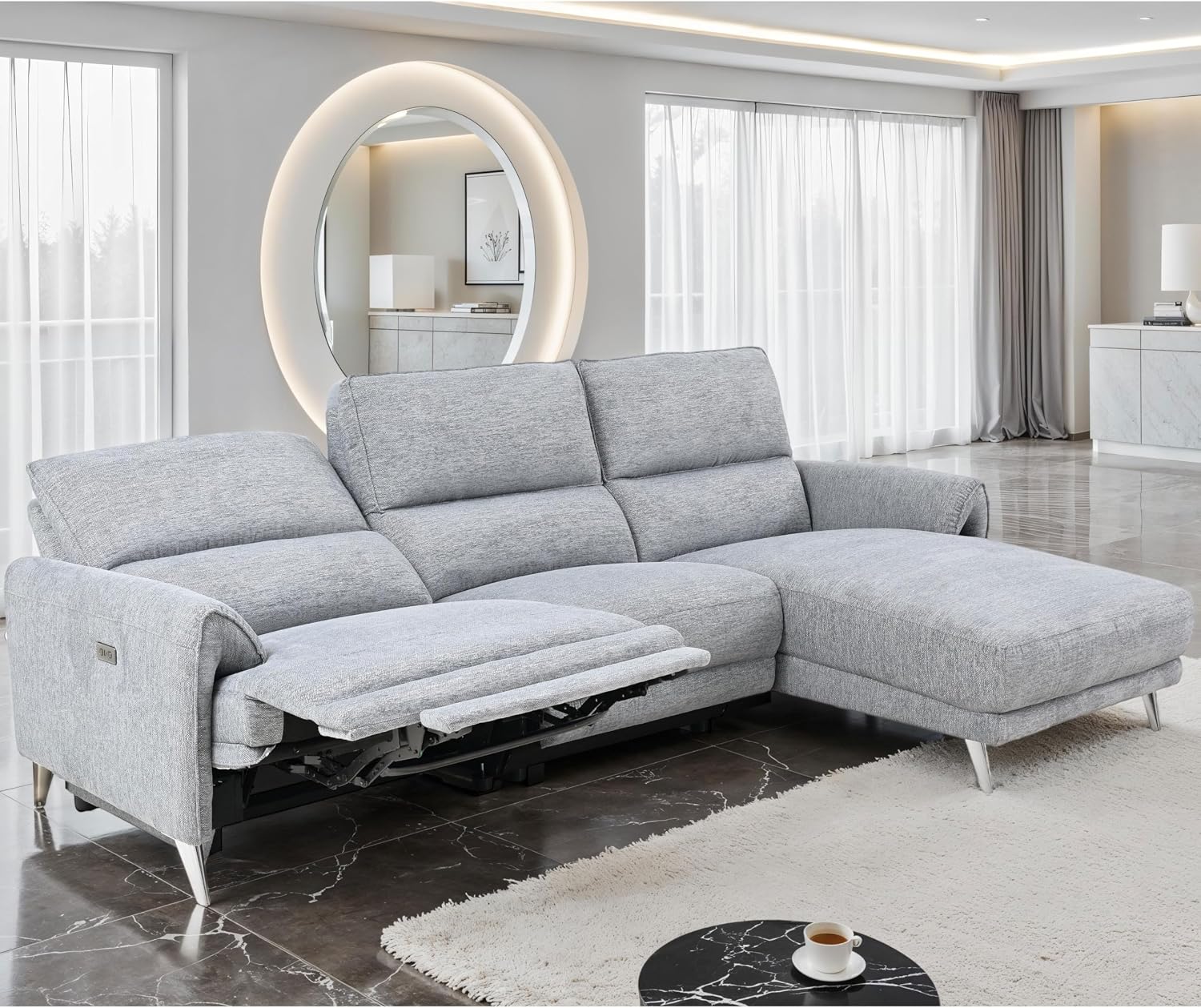 Furniture of America Drex Modern Chenille Sectional Recliner with Chaise and USB Ports, Reclining Sofa, L Shaped Comfy Couches for Living Room, Home Theater, Right Facing, Grey