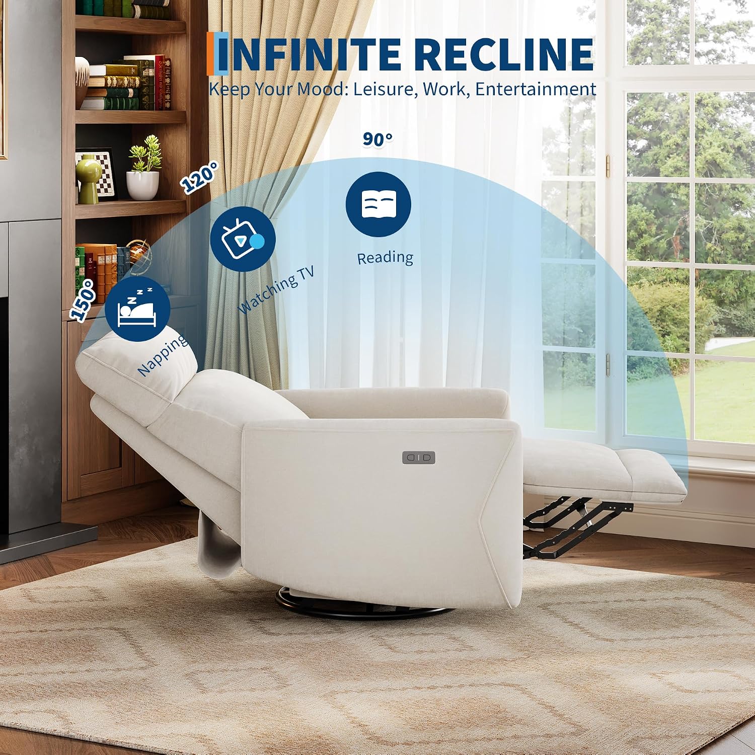 GarveeHome Power Recliner Chair, 270° Swivel Rocking Glider with USB Charging Port, Chenille Upholstered Fabric, Ergonomic Modern Nursery Chair for Living Room, Bedroom, Nursery (Beige)