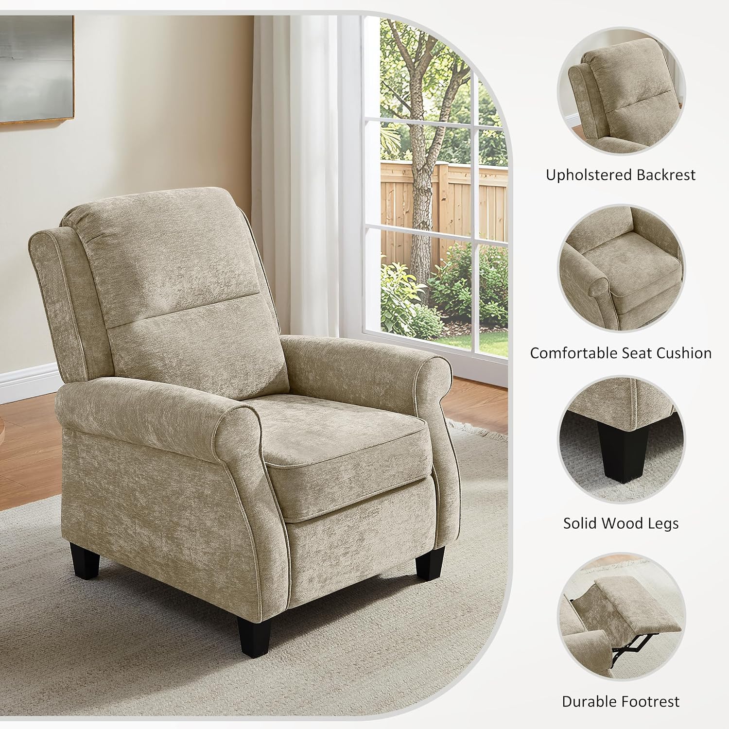 Oversized Recliner Chair, Push Back Recliner Chair with Padded Seat, Comfy Chenille Reclining Armchair, Upholstered Single Sofa for Living Room, Bedroom, Nursery, Reading