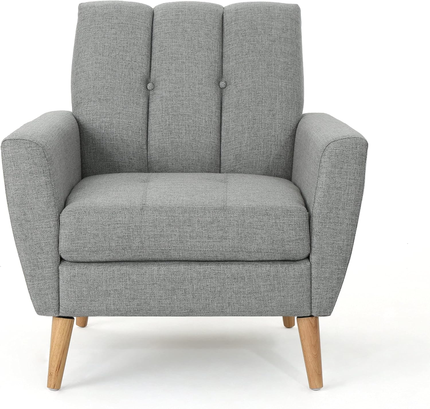 Christopher Knight Home Azjzi Mid-Century Club Chair, Button Tufted Back Upholstered Fabric Accent Chair with Rubberwood Legs, Living Room Armchair, 33.5' High, Gray