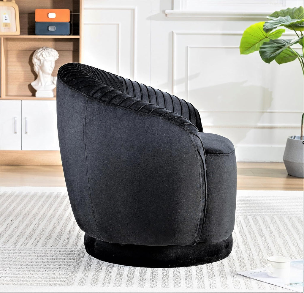 Container Furniture Direct Modern Barrel Swivel Chair with Plush Velvet Upholstery and Smooth 360° Rotation, Round Accent One-Seater Sofa for Living Room, Bedroom, and Office, Black