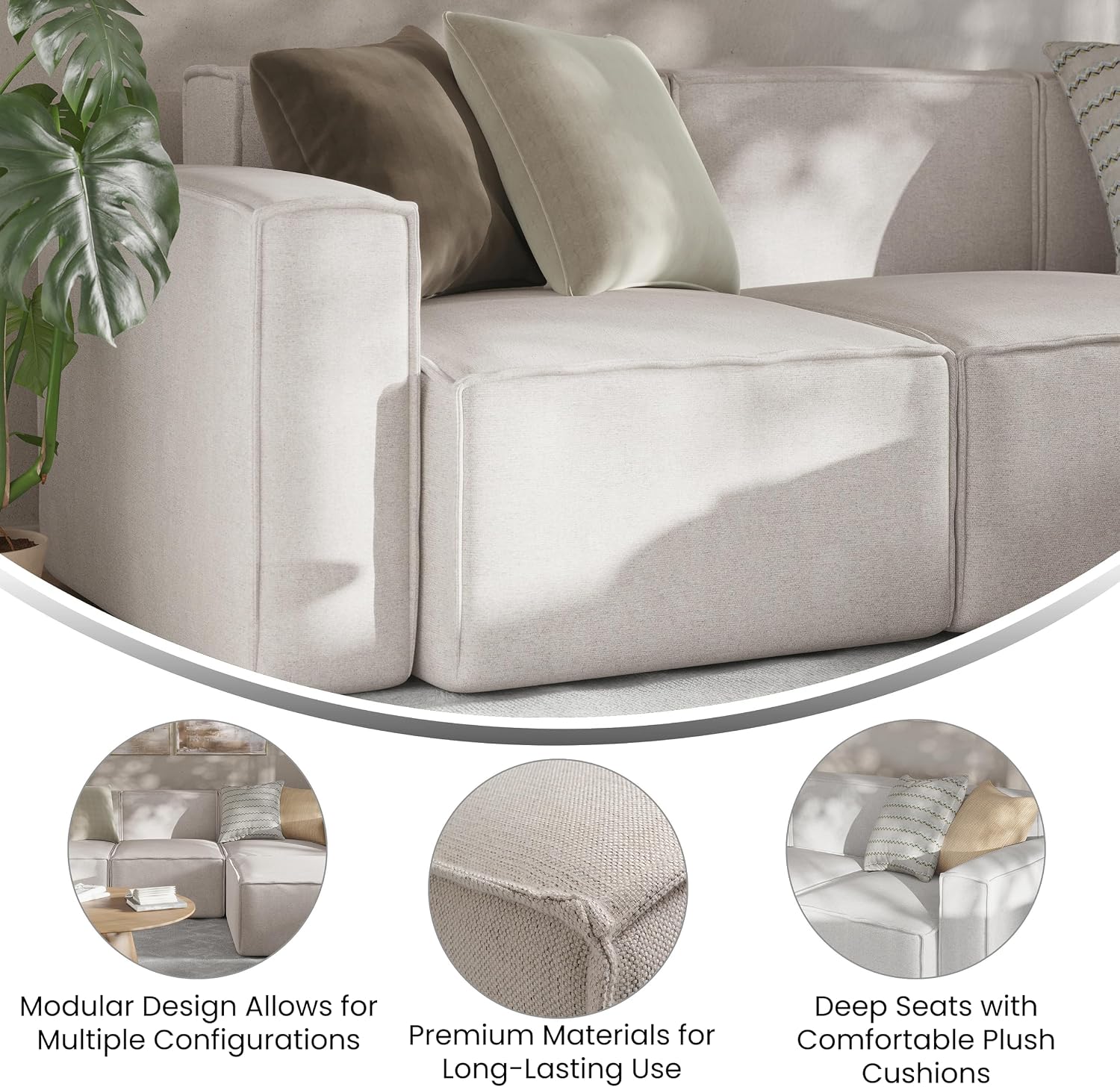 Flash Furniture Bridgetown Fabric Left Chair Module for Sectional Sofa, Customizable Modular Couch Left Seat with Arm Rest, Cream