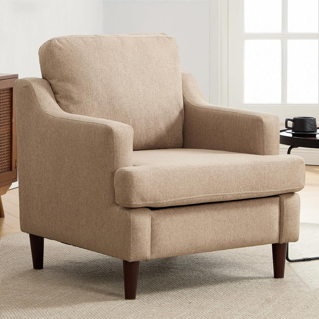 Ketaiyou Mid-Century Accent Chair Modern Linen Fabric Armchair for Living Room,Comfy Upholstered Reading Chairs for Bedroom,Single Sofa Chair with Wood Legs (Khaki, Set of 1)