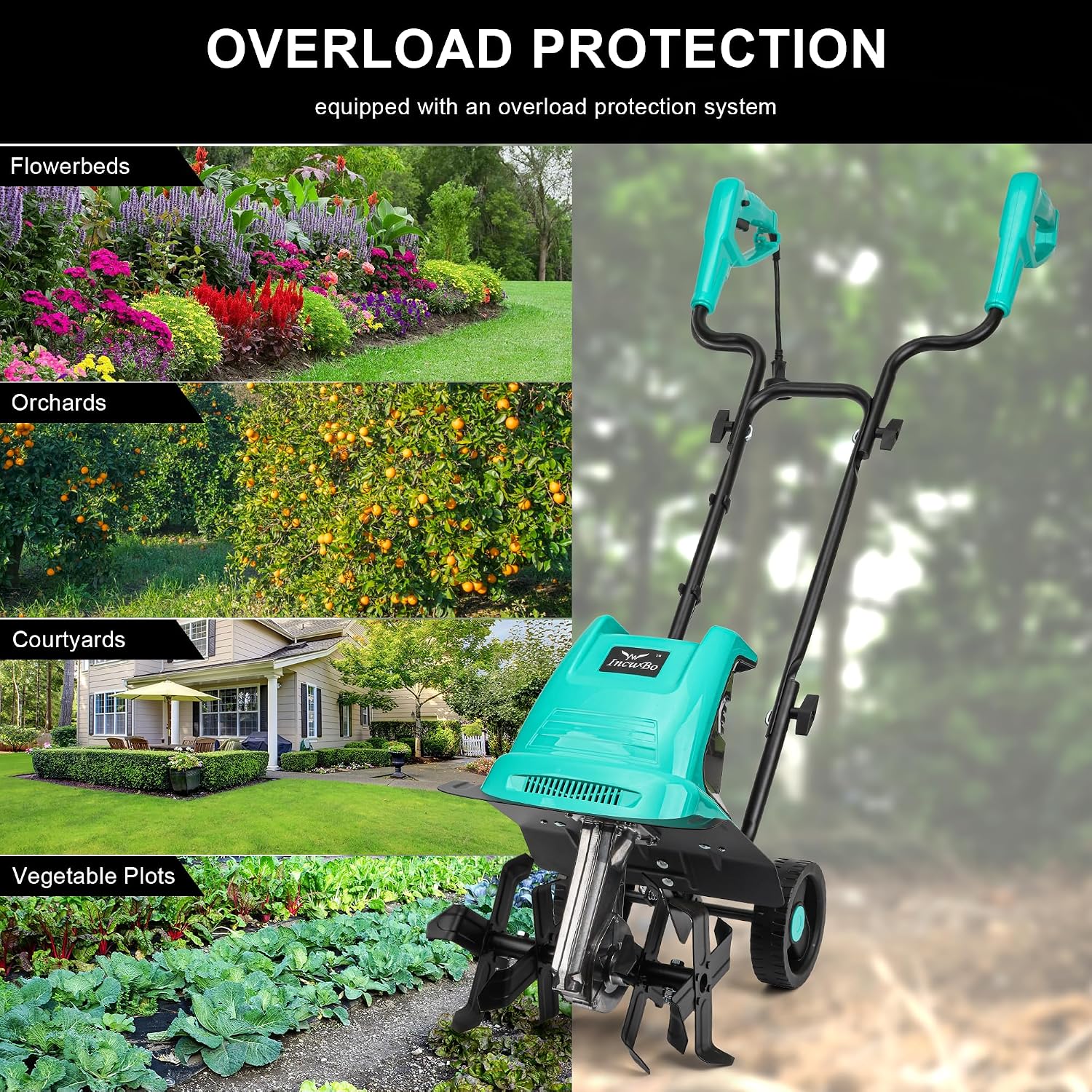 IncwBo 13.5 Amp 12 Inch Electric Tiller/Cultivator with 4 Steel Tines, 8'' Tilling Depth Small Garden Tiller for Gardening, Corded Rototiller with Adjustable Wheels