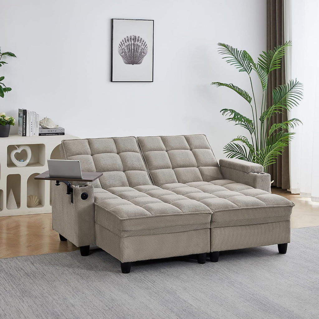 Eafurn Double Chaise Lounge Convertible Sleeper Chair Sofabed W/Storage and 6-Position Reclining Backrest, Modern Tufted Recliner Lounge Chaise Couch with Swivel Table & USB for Living Room