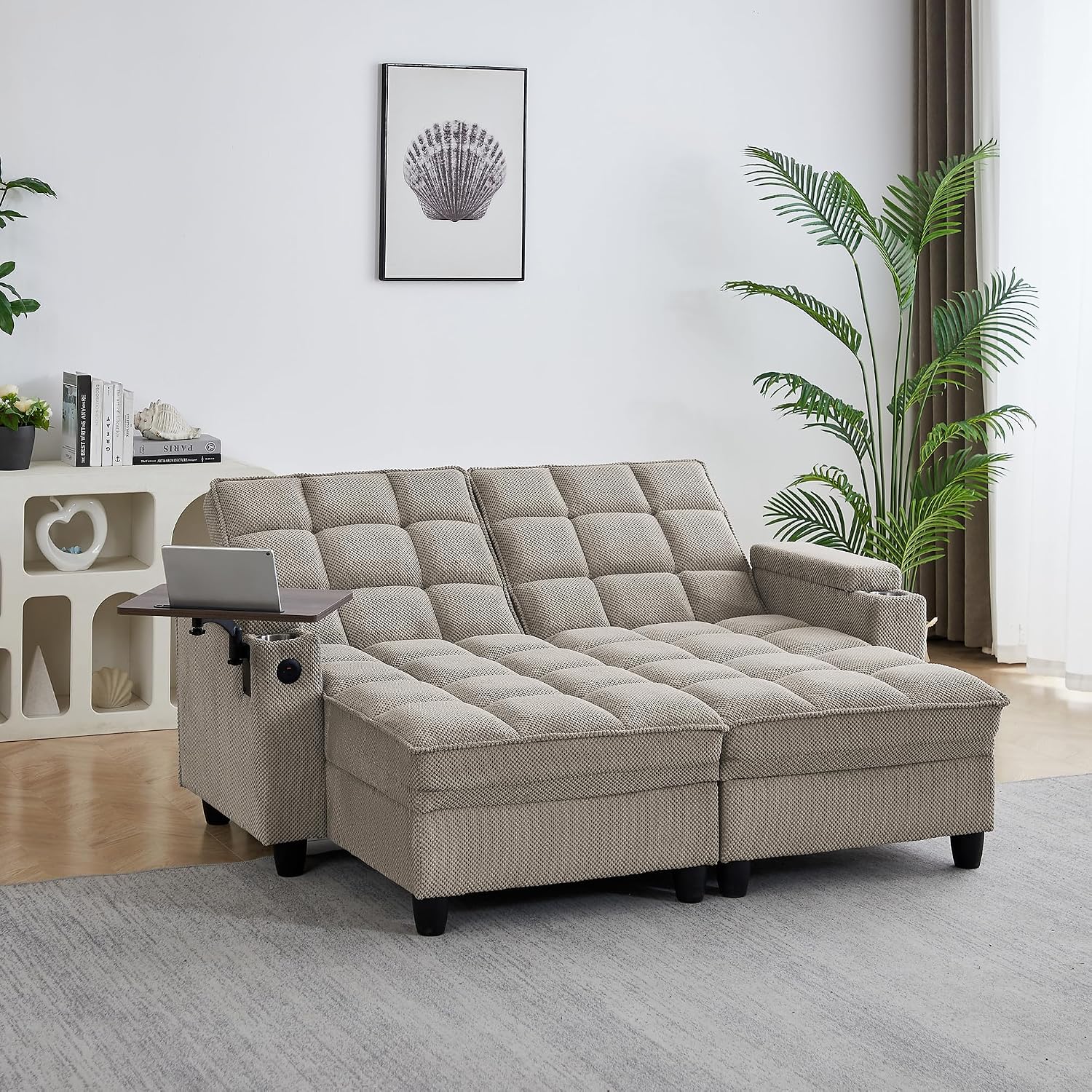 Eafurn Double Chaise Lounge Convertible Sleeper Chair Sofabed W/Storage and 6-Position Reclining Backrest, Modern Tufted Recliner Lounge Chaise Couch with Swivel Table & USB for Living Room