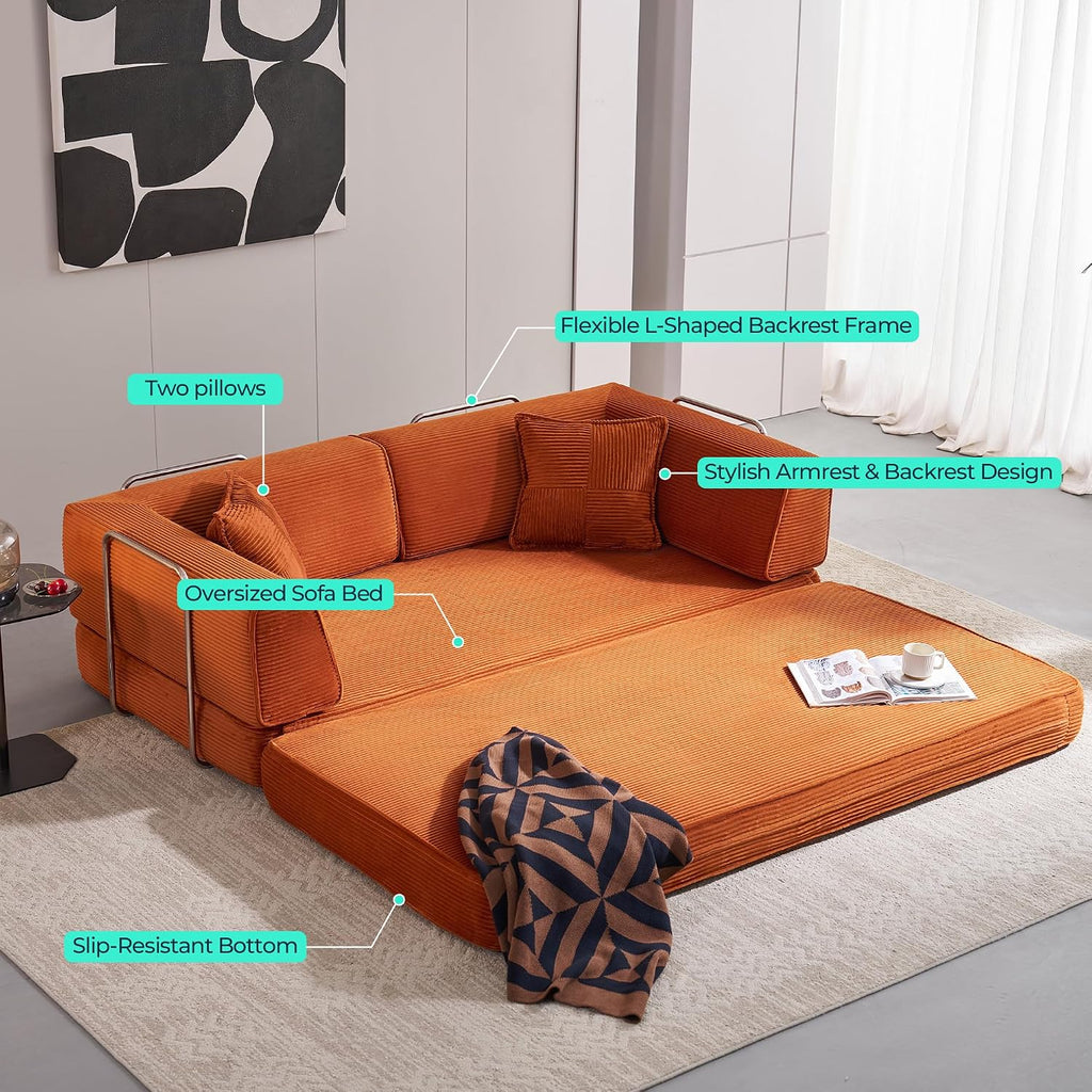 LINSY HOME Sofa Bed Couch - Convertible Boneless Couch Bed with 2 Pillow (Orange) | Folding Sofa Bed