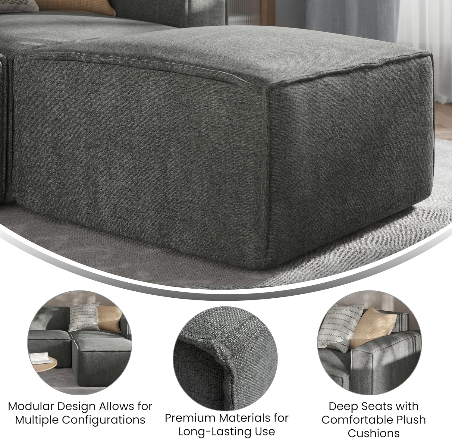 Flash Furniture Bridgetown Fabric Ottoman Module for Sectional Sofa, Customizable Modular Couch Ottoman, Dark Gray