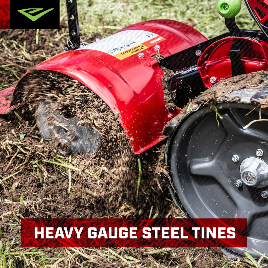 EARTHQUAKE 31285 Pioneer Dual Direction Rear Tine Tiller with Instant Reverse, Airless Wheels, 17' Width, 11' Tilling Depth, 99cc 4-Cycle Viper Engine, Black/Red