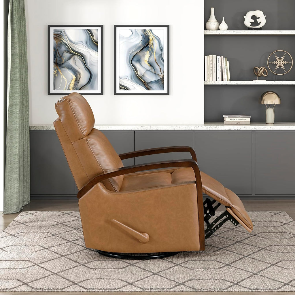 Lexicon 360 Degree Swivel Glider Reclining Chair, Breathable Faux Leather Manual Recliner, Comfy Nursery Glider Recliner, Wood Arms, Pull Handle for Living Room/Office/Bedroom/Apartment, Camel Brown