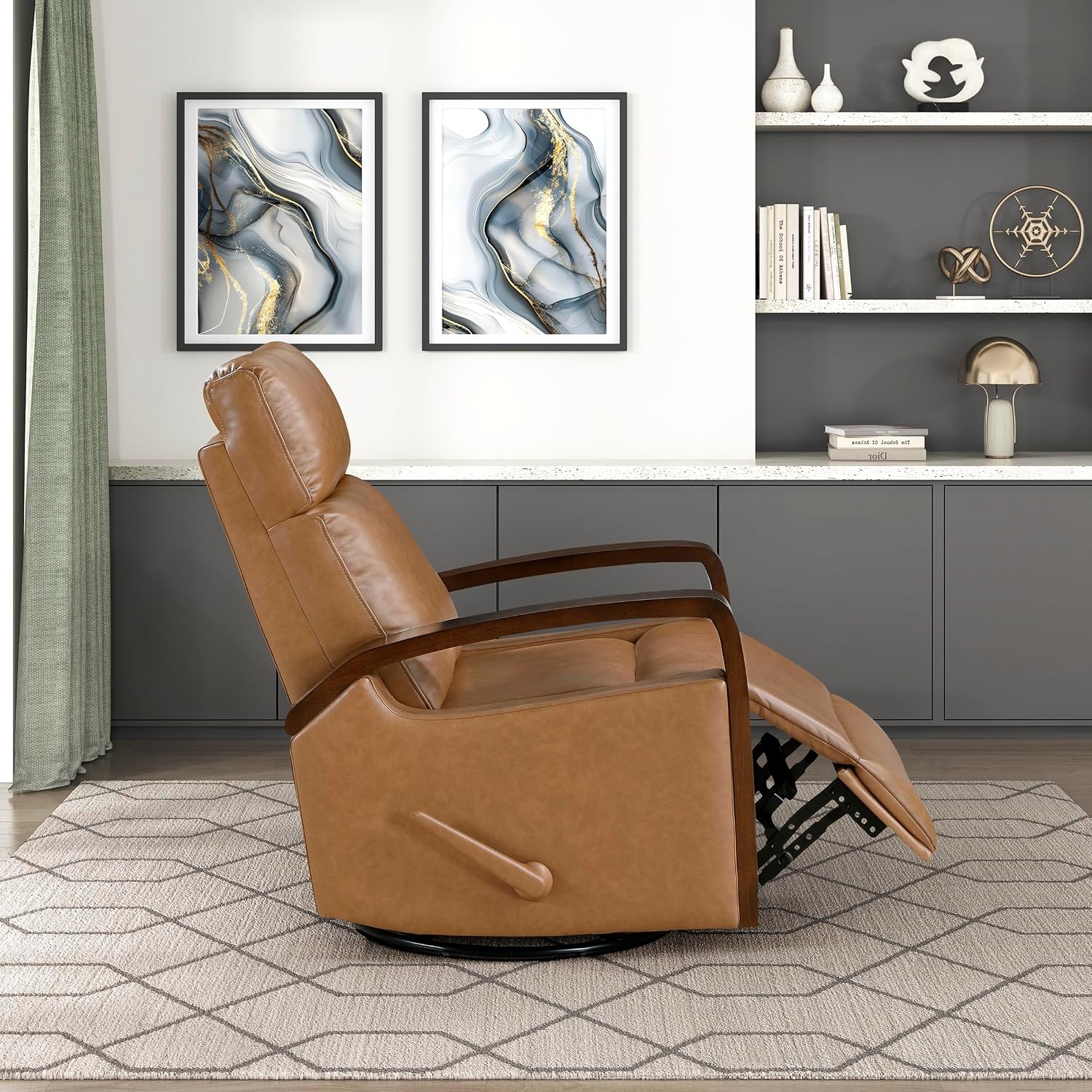 Lexicon 360 Degree Swivel Glider Reclining Chair, Breathable Faux Leather Manual Recliner, Comfy Nursery Glider Recliner, Wood Arms, Pull Handle for Living Room/Office/Bedroom/Apartment, Camel Brown